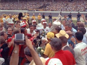 Mario Andretti is greeted in victory lane after winning the 1969 Indianapolis 500. (IMS Archives Photo)