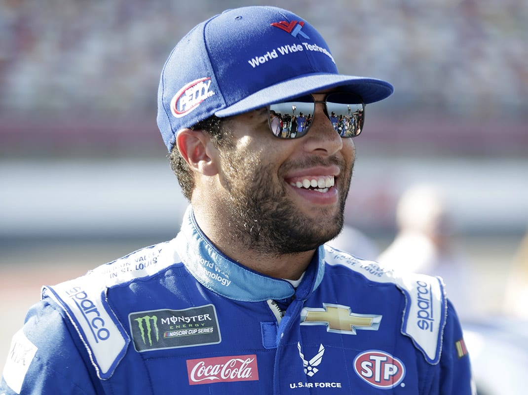 Bubba Wallace finally had a reason to smile Saturday night at Charlotte Motor Speedway. (HHP/Alan Marler Photo)