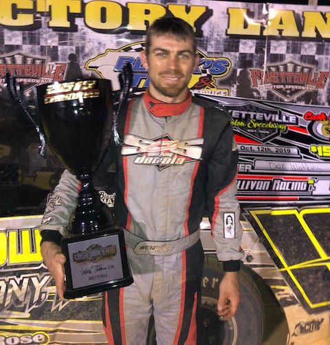 Ben Watkins in victory lane Saturday at Fayetteville Motor Speedway.