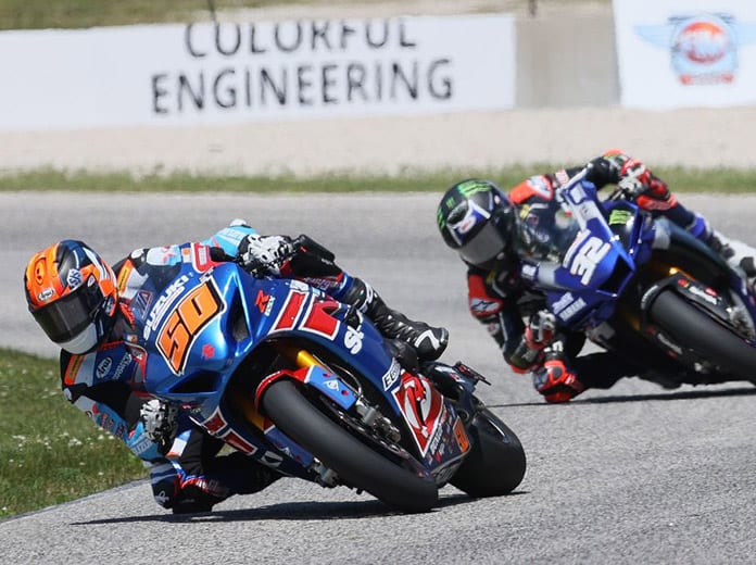 Bobby Fong (50) won the first HONOS Superbike race of his career on Sunday at Road America, the M4 ECSTAR Suzuki rider holding off Jake Gagne to earn the victory. (Brian J. Nelson Photo)