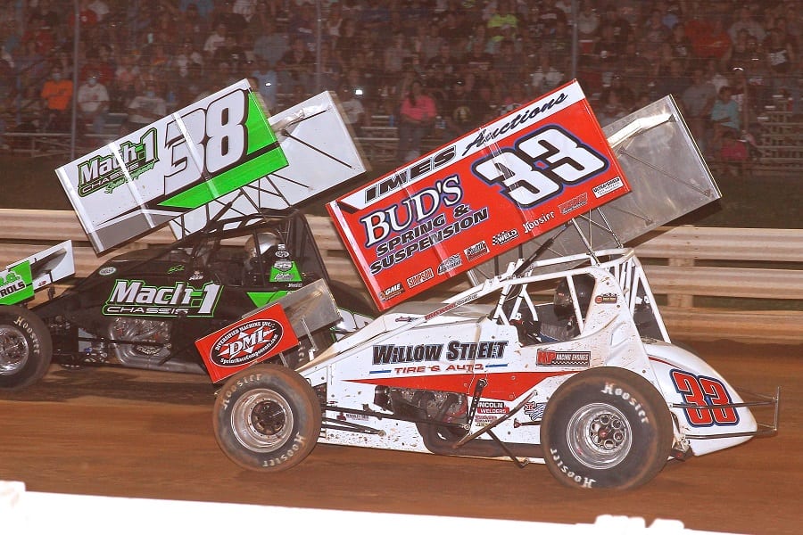 Mark Smith (38) races ahead of Jared Esh during Sunday's PA Speedweek program at Selinsgrove Speedway. (Dan Demarco photo)