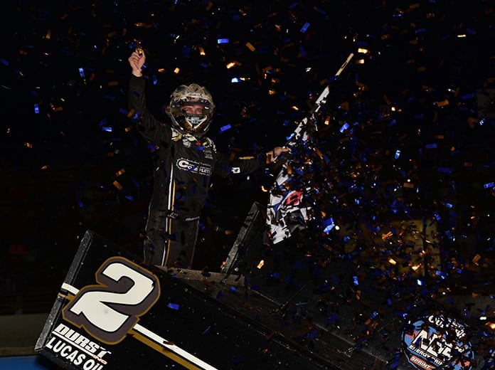 Carson Macedo celebrates after winning Saturday's World of Outlaws NOS Energy Drink Sprint Car Series feature at Tri-State Speedway. (Mark Funderburk Photo)