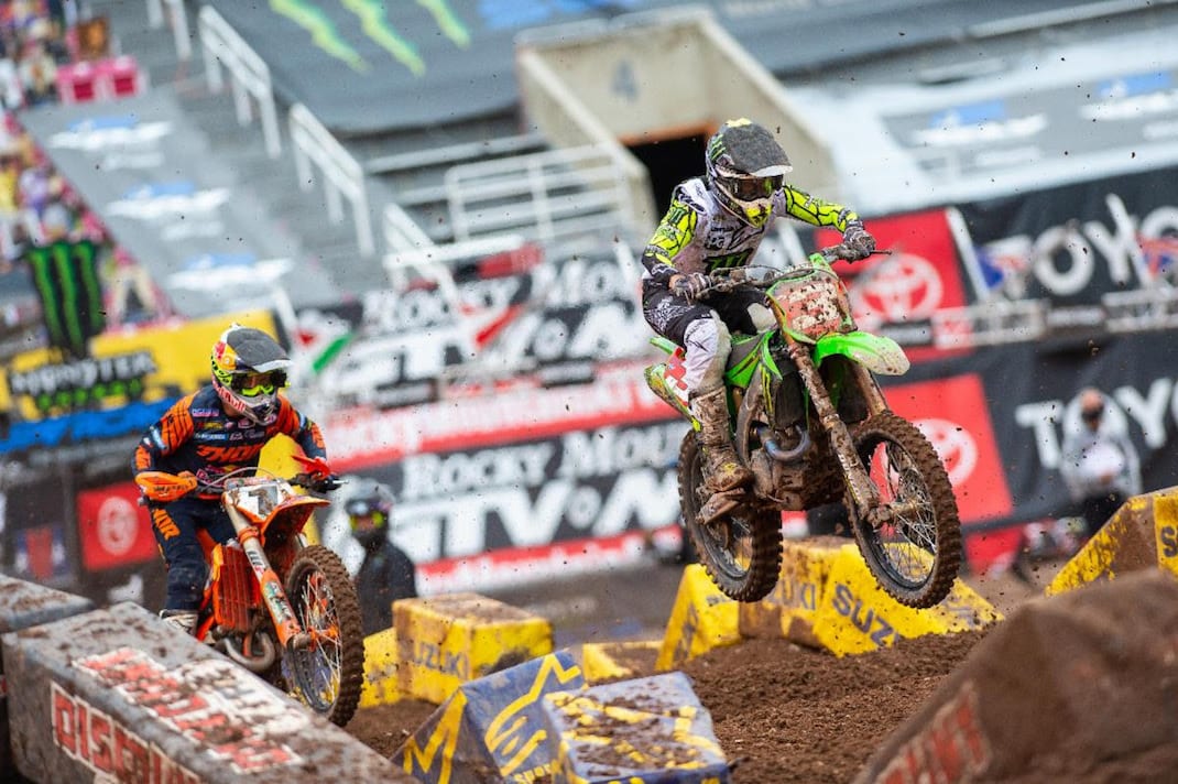 Eli Tomac (3) leads Cooper Webb Sunday at Rice-Eccles Stadium. (Feld Entertainment photo)