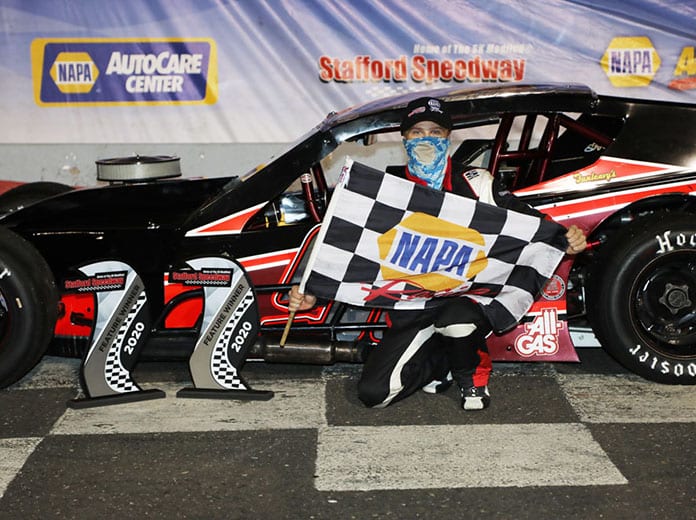 Derek Debbis in victory lane Friday night at Stafford Motor Speedway.