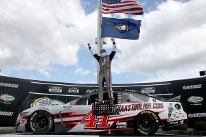 Cole Custer celebrates after earning his first NASCAR Cup Series victory Sunday at Kentucky Speedway. (Jared C. Tilton/Getty Images Photo)