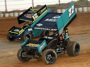 Brandon Spithaler (22) races past Darin Gallagher at Tri-City Raceway Park. (Hein Brothers Photo)