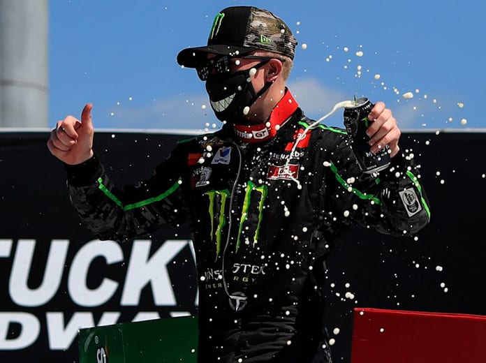 Ty Gibbs celebrates after winning Saturday's General Tire 150 at Kentucky Speedway. (Aaron Doster/ARCA Racing Photo)