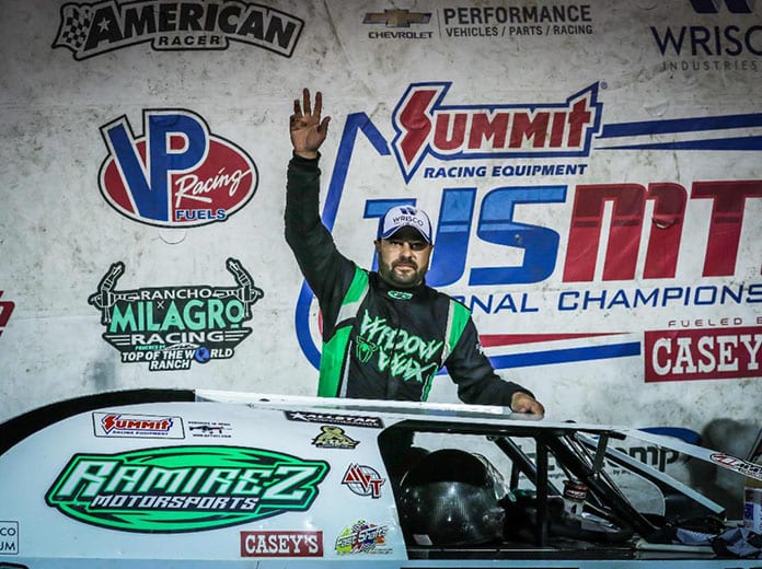 Dereck Ramirez celebrates after winning the USMTS Slick Mist Show-Me Shootout Presented by Foley Equipment at Lucas Oil Speedway. (GS Stanek Racing Photography)