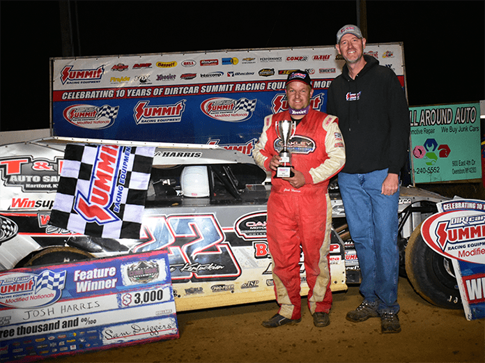 Josh Harris in victory lane Saturday at Cedar Ridge Speedway. (Mark Davis Photo)