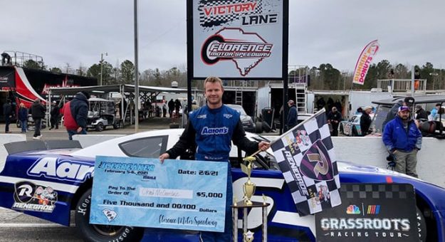 Chad McCumbee in victory lane Saturday at Florence Motor Speedway. (FMS Photo)