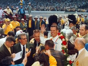 Bobby Unser in victory lane following his victory in the 1968 Indianapolis 500. (IMS Archives Photo)