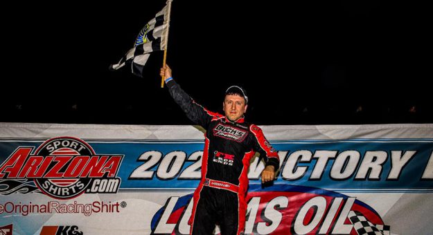 Ryan Middaugh captured the featured event Saturday night at Lucas Oil Speedway's Big Adventure RV Weekly Racing Series program, winning the Cedar Creek Beef Jerky USRA Modified feature. (GS Stanek Racing Photography)