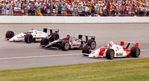 The front row for the 1991 Indianapolis 500 featured Rick Mears (inside), A.J. Foyt (middle) and Mario Andretti (outside). (IMS Archives Photo)