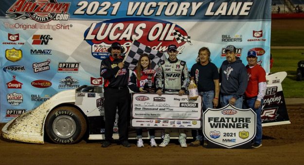 Cole Henson led all the way Saturday night, fighing off a challenge from Larry Ferris, to capture his second Missouri Metal Buildings ULMA Late Model feature victory at Lucas Oil Speedway. (GS Stanek Racing Photography)