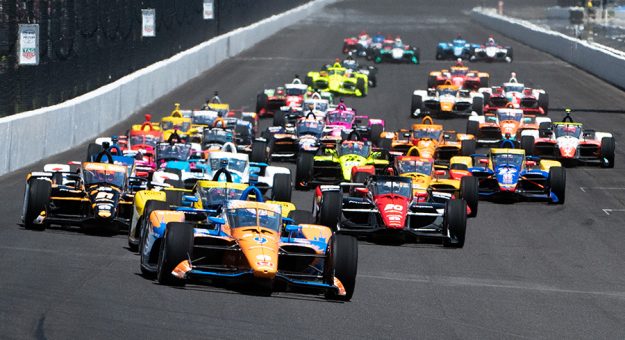 Scott Dixon (9) leads at the start of the 105th Indianapolis 500. (IndyCar Photo)