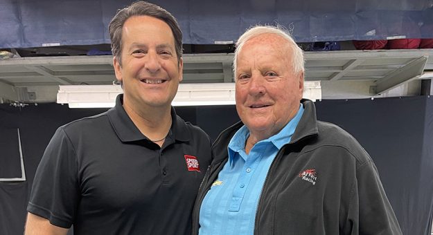 Ralph Sheheen (left) with A.J. Foyt at Indianapolis Motor Speedway last month.