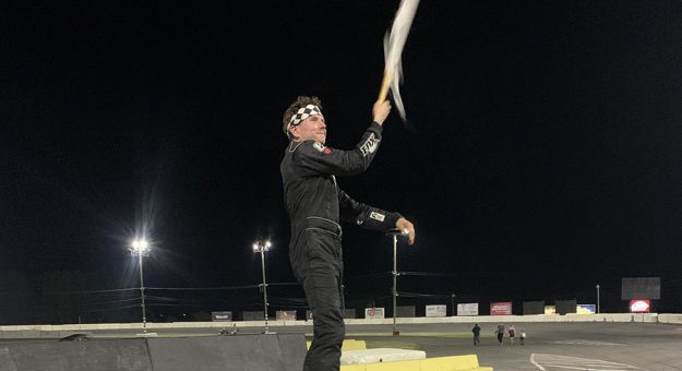 Andy Jankowiak celebrates his sportsman victory Saturday night. (Steve Petty Photo)