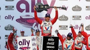 Kyle Larson celebrates in victory lane Sunday at Nashville Superspeedway. (Dave Moulthrop Photo)