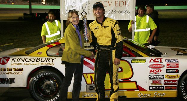 Stephen Donahue (near right) celebrates his thrilling Maplewood/Irving Oil Late Model victory at Thunder Road on Community College of Vermont Night. (Alan Ward photo)