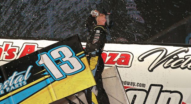 Justin Peck celebrates after winning Monday's PA Sprint Speedweek feature at Lincoln Speedway. (Dan Demarco Photo)