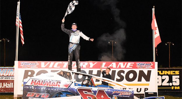 Tyler Corcoran in victory lane Wednesday at Can-Am Speedway. (Joe Grabianowski Photo)