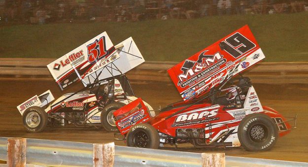 Brent Marks (19) chases Freddie Rahmer Friday at Williams Grove Speedway. (Dan Demarco Photo)