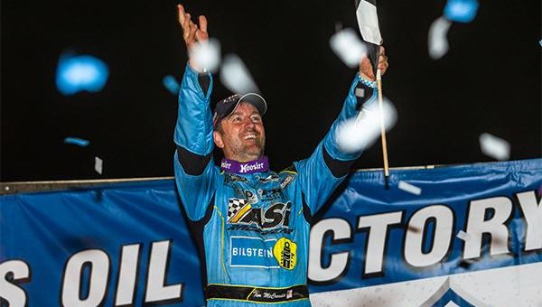 Jonathan Davenport celebrates his Lucas Oil Late Model Dirt Series victory Saturday at Muskingum County Speedway.