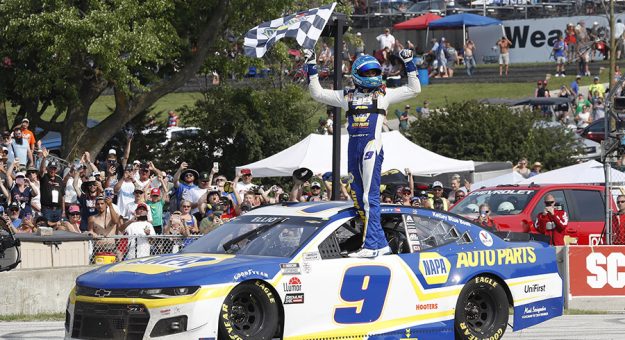 Chase Elliott celebrates his victory Sunday at Road America. (HHP/Harold Hinson Photo)