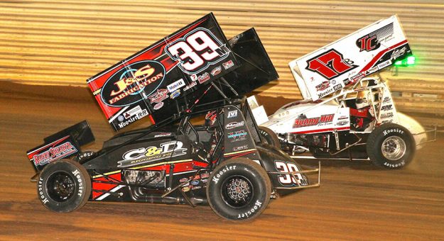 Anthony Macri (39m) races under Steve Buckwalter at Port Royal Speedway. (Dan Demarco Photo)