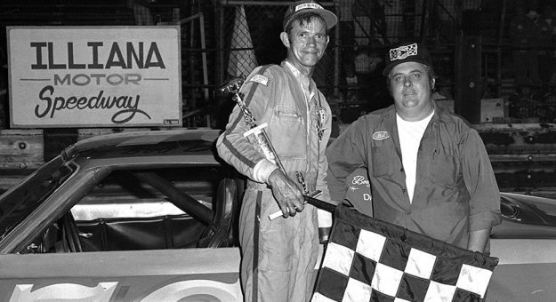 Car owner Bill Hahnlein (right) and driver Bob Dotter after their 100-lap ARCA win at Illiana Motor Speedway in Schererville, Ind., in 1978. (Stan Kalwasinski Photo)