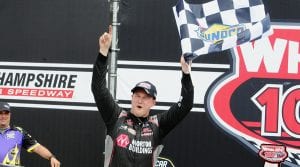 Ryan Preece celebrates after winning Saturday's NASCAR Whelen Modified Tour race at New Hampshire Motor Speedway. (Dave Moulthrop Photo)