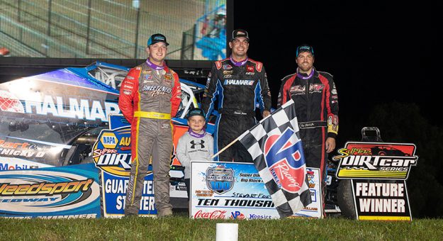 Stewart Friesen (center) won the Hall of Fame 100 at Weedsport Speedway.