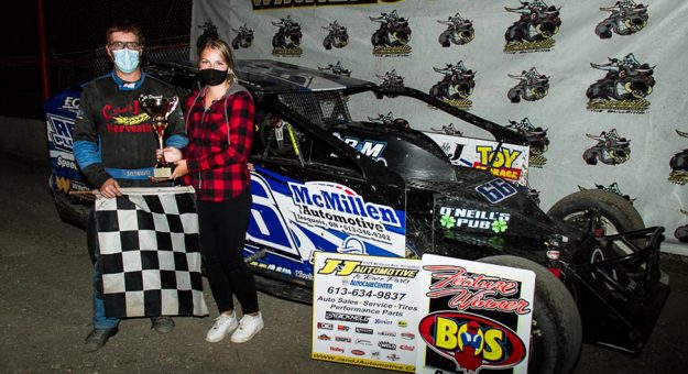 Kyle Dingwall in Brockville Ontario Speedway victory lane. (Henry Hannewyk Photo)