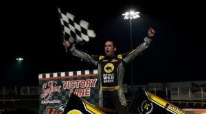 Mark Dobmeier in victory lane Sunday at Huset's Speedway. (Tylan Porath Photo)