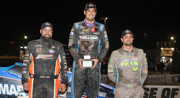 Stewart Friesen (center) won the Centennial 102 at Orange County Fair Speedway Thursday.