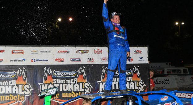 Brandon Sheppard celebrates his victory Friday at Highland Speedway. (Jimmy Dearing Photo)