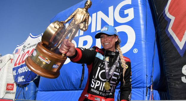 NHRA Top Fuel dragster driver Leah Pruett is a champion of social reach among her NHRA competitors. (NHRA Photo)