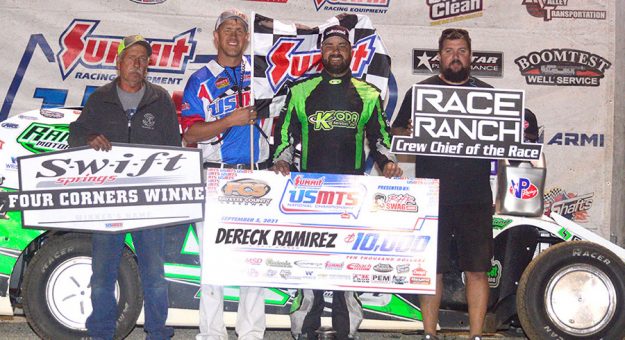 Dereck Ramirez in victory lane Sunday at Fayette County Speedway. (Zakary Kriener Photo)