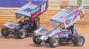 Logan Wagner (1) battles T.J. Stutts Monday during the Labor Day Classic at Port Royal Speedway.