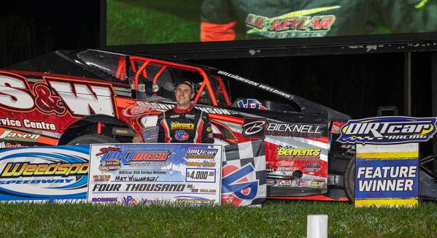 Mat Williamson in victory lane at Weedsport Speedway. (Quentin Young Photo)