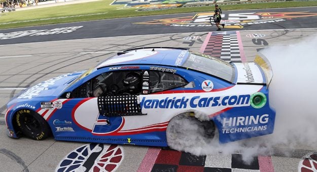 Kyle Larson celebrates after winning Sunday's NASCAR Cup Series event at Texas Motor Speedway. (HHP/Tim Parks Photo)