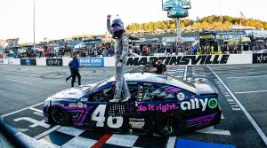 Alex Bowman celebrates after winning the Xfinity 500 at Martinsville Speedway. (HHP/Chris Owens Photo)