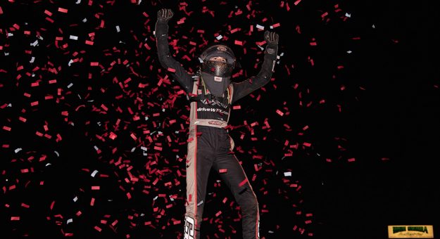 Ryan Timms celebrates his first USAC NOS Energy Drink National Midget Series win Thursday night. (Devin Mayo Photo)