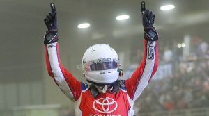 Christopher Bell celebrates his preliminary feature win Thursday inside the Tulsa Expo Center. (Brendon Bauman Photo)