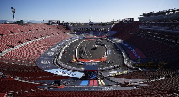 Drivers hit the track for practice Saturday at the Los Angeles Memorial Coliseum. (NASCAR Photo)