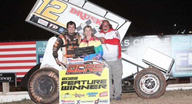 Tyler Drueke celebrates his win at Red Dirt Raceway. (Photo: OCRS)