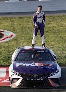 April 3rd 2022 -  Denny Hamlin celebrates after winning the Toyota Owners 400 at Richmond Raceway. (HHP/Garry Eller)