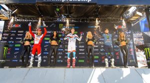 (From left) Michael Mosiman, Hunter Lawrence and Christian Craig on the podium. (Photo: Feld Entertainment)