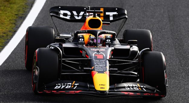 SUZUKA, JAPAN - OCTOBER 08: Max Verstappen of the Netherlands driving the (1) Oracle Red Bull Racing RB18 on track during qualifying ahead of the F1 Grand Prix of Japan at Suzuka International Racing Course on October 08, 2022 in Suzuka, Japan. (Photo by Clive Mason/Getty Images) // Getty Images / Red Bull Content Pool // SI202210080265 // Usage for editorial use only // | Getty Images