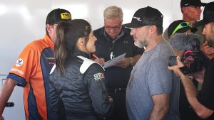 Tony Stewart giving pre-race advice to Hailee Deegan  prior to the SRX at Knoxville at Knoxville in Knoxville, Iowa.